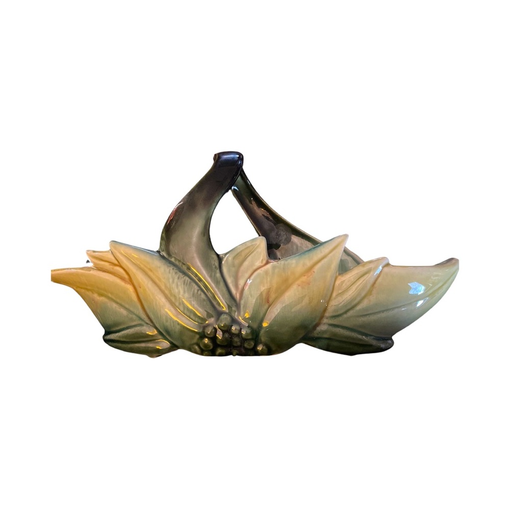 Hull Pottery Basket Planter W/Handle 1950's Green Flower Poinsettia Leaves  VTG